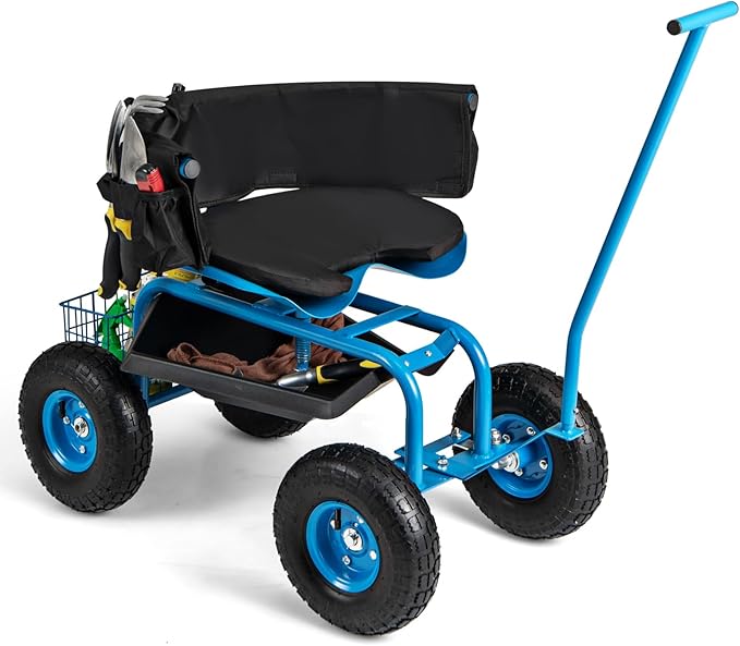 Garden Cart on Wheels 360° Swivel Rolling Outdoor Workseat with Washable Cushion &amp Dual Handles Height Adjustable Garden Stool for Patio Yard (Blue)
