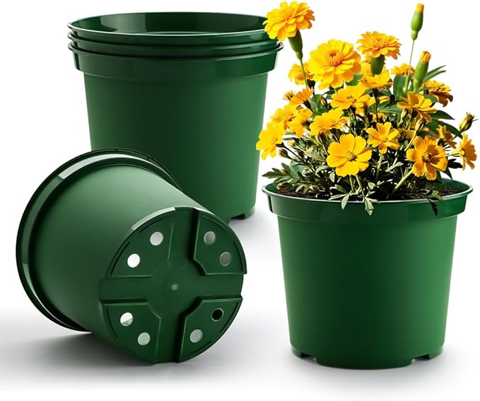 5 Gallon 12 Inch Plastic Nursery Pots Plant Containers with Drainage Holes Round Sturdy Garden Planters for Indoor/Outdoor Greenery Gardening Gifts for Women (5-Pack Green)
