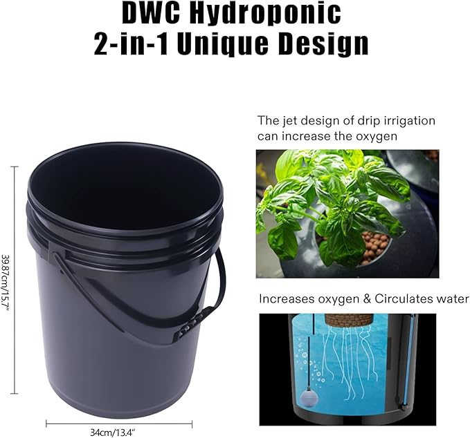 DWC Hydroponics Growing System 5-Gallon Deep Water Culture Recirculating Drip Garden System with Multi-Purpose Air Hose Air Pump and Air Stone (4 Bucket + Reservoir Kit)