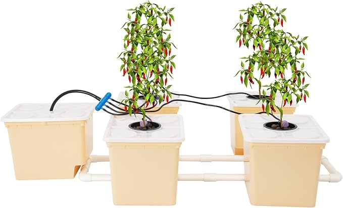 5 Buckets Drip Growing System Indoor Outdoor Hydroponic Plant Buckets Kit Top Feed Drip Hydroponics Growing System Recirculating Deep Water Culture Hydroponic Bucket System