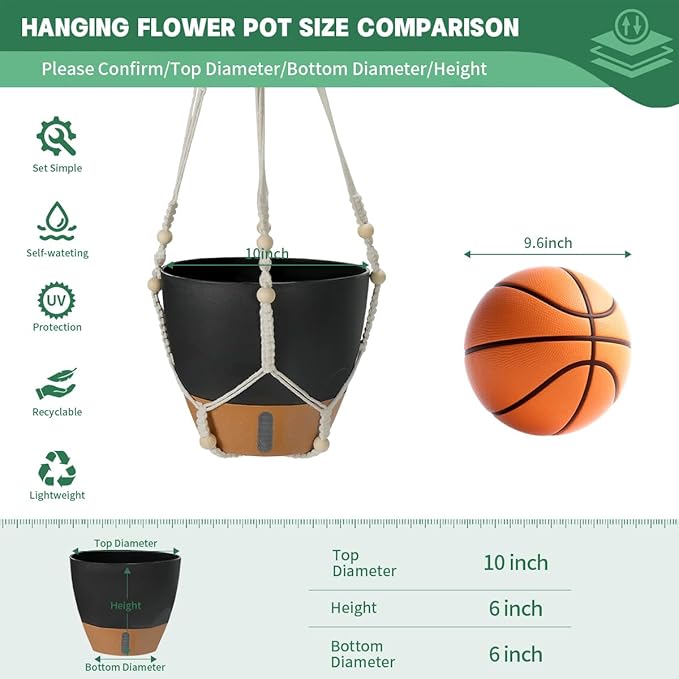 Self-Watering Hanging Planters for Indoor Plants Set 2-Piece Includes Plant Hanging Pot Drainage-Hole Hanging Pot and Hanging Basket Rack (10 Inches Black)
