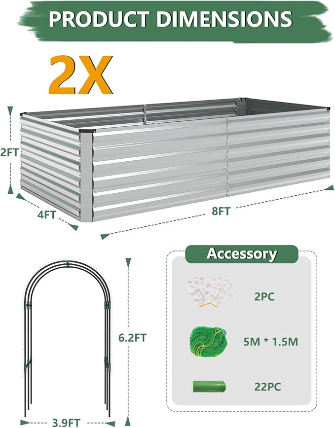 FOOWIN Raised Garden Bed with Arch Trellis for Climbing PlantsGalvanized Raised Garden BedPlanter Boxes Outdoor for Vegetables Flowers Herb478 Gallon Capacity Silver