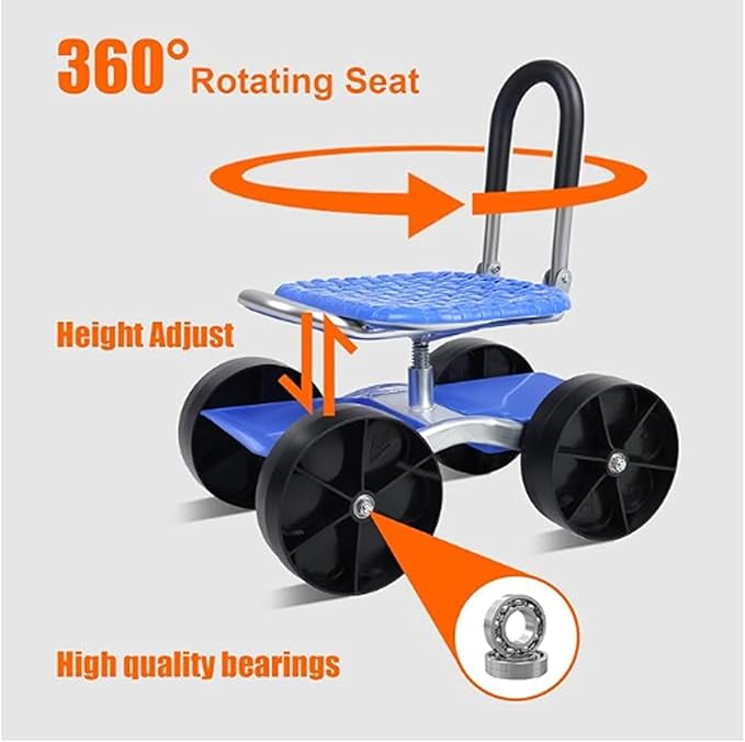 Red Woven Seat Rolling Garden Stool Mobile Work Seat with Wheels Heavy Duty Metal Frame Cart for Greenhouse Farming(silunC1-1)