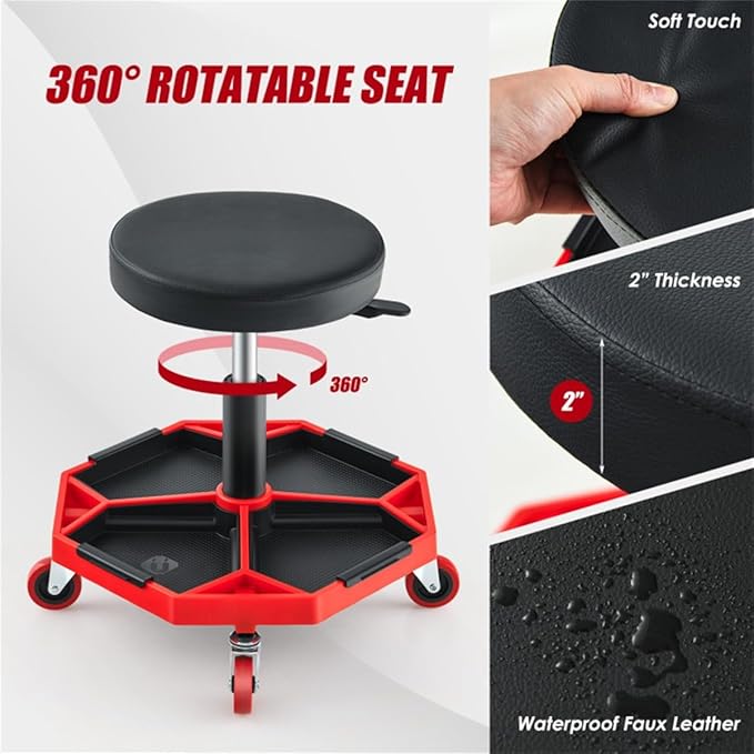 Heavy-Duty Adjustable Height Rolling Workshop Stool with Tool Tray Pneumatic Lift 360° Swivel Seat and Heavy Load Capacity