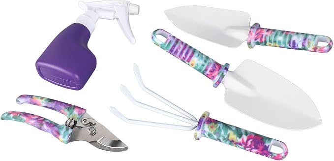 5 Piece Garden Tools Set with Gloves Gardening Hand Tools Kit with Storage Bag with Cultivator Rake Shovels Branch Scissors Spray Can