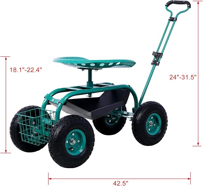 Rolling Garden Scooter Work Seat with Wheels Gardening Stool for Planting 360 Degree Swivel Seat Garden Scooter with Steering Handle &amp Tool Tray Garden Chair for Outdoor Patio and Yard (Gree