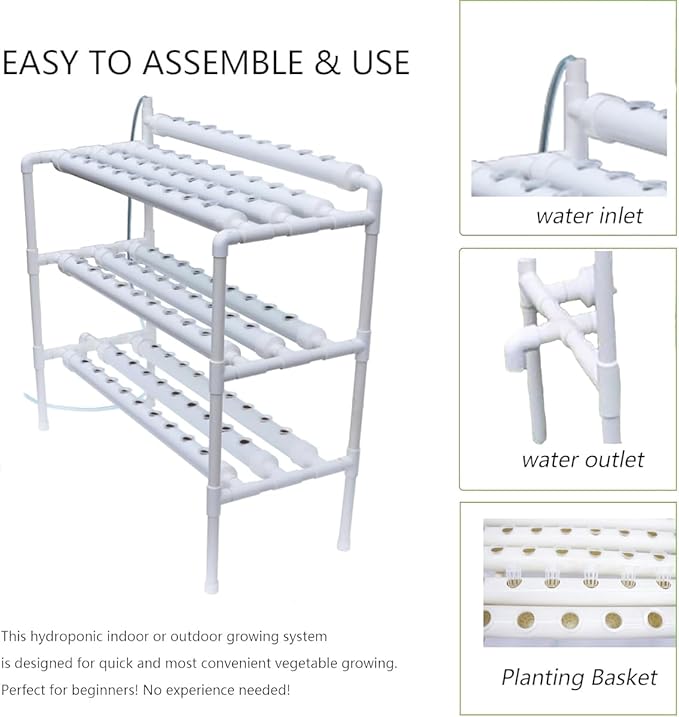 INTBUYING Hydroponics Growing System 90 Holes10 Pipes 3 Layers Plant Site Grow Kit Food-Grade PVC-U Pipes Hydroponic Gardending System with Water Pump Nest Basket and Sponge