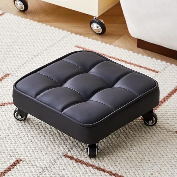 Low Rolling Stool Upgrade Widen Roller Seat 360 Bearing Wheels Soft PU Leather Short Rooling Stools for Home Garden Office (Gray1 One Size) (Black One Size)