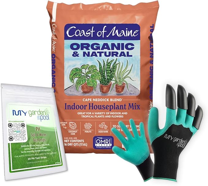 Coast of Maine HP4000 Cape Neddick Indoor Houseplant Mix 16 qt with My Garden Pool 7-in-1 Soil Test Strips 20 ct. and Claw Gardening Gloves
