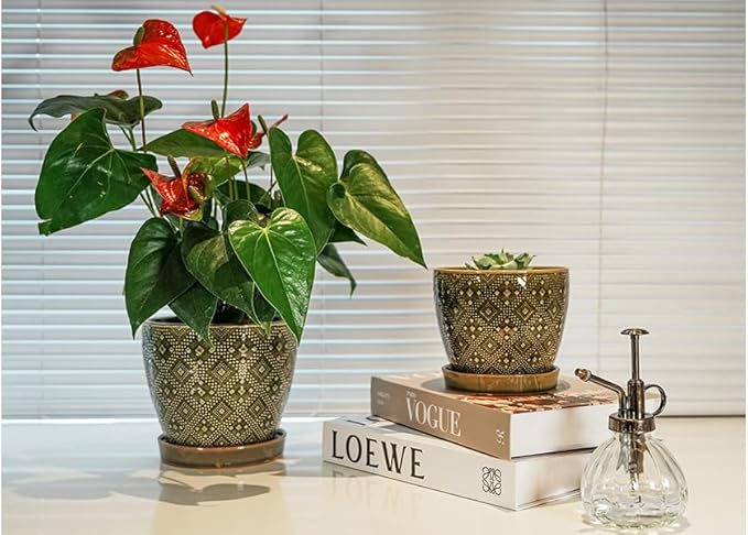 Docrin Dark Green Ceramic Planter Set - 6.6+5.5 Indoor Outdoor Pots with Drainage Holes &amp Saucers for Home Office Decor