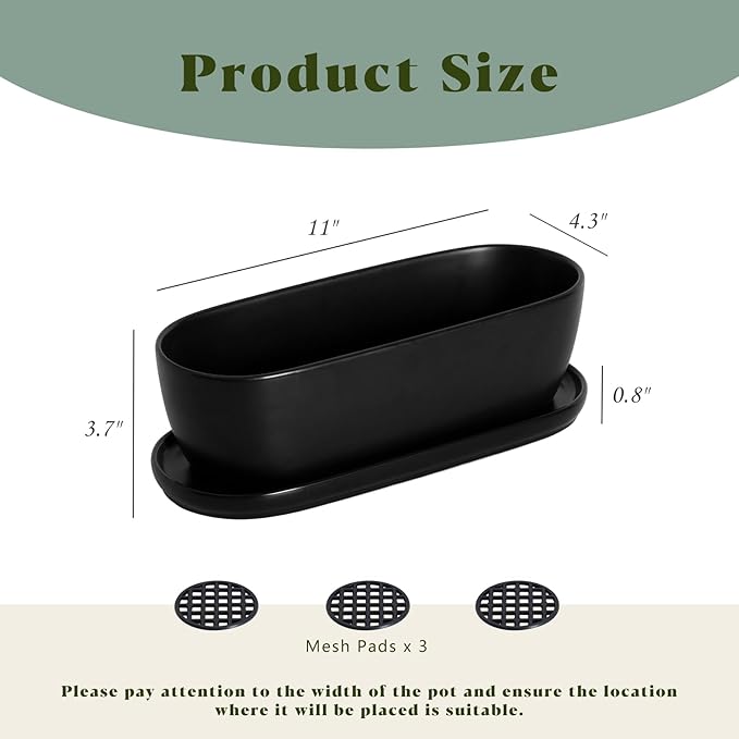 E-liu Oval Ceramic Planter Pot with Drainage Hole Saucers 11 Inch Succulents Planter Home Decor for Indoor Outdoor Plants Herb Cactus with 3 Mesh Pads Plants Not Included Black