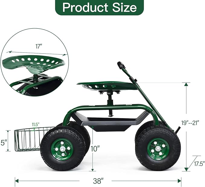 Rolling Garden Cart with Seat Heavy Duty Gardening Scooter w/Wheels Storage &amp Extendable Steering Handle Garden Work Seat for Planting Green