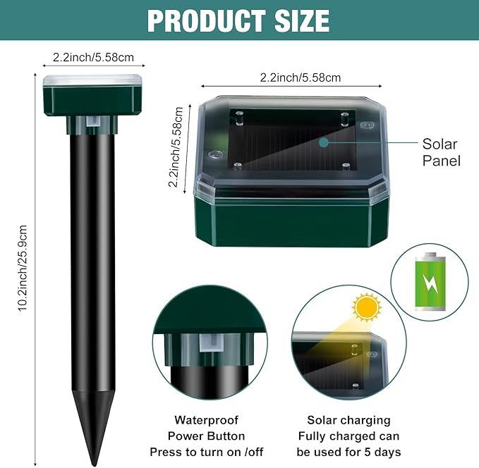 28 Pieces Solar Mole Repellent Ultrasonic Outdoor Gopher Deterrent Spikes for Garden Yard Lawn Waterproof Solar Powered Repeller for Groundhogs Voles Snakes and Other Burrowing Animals (Square)