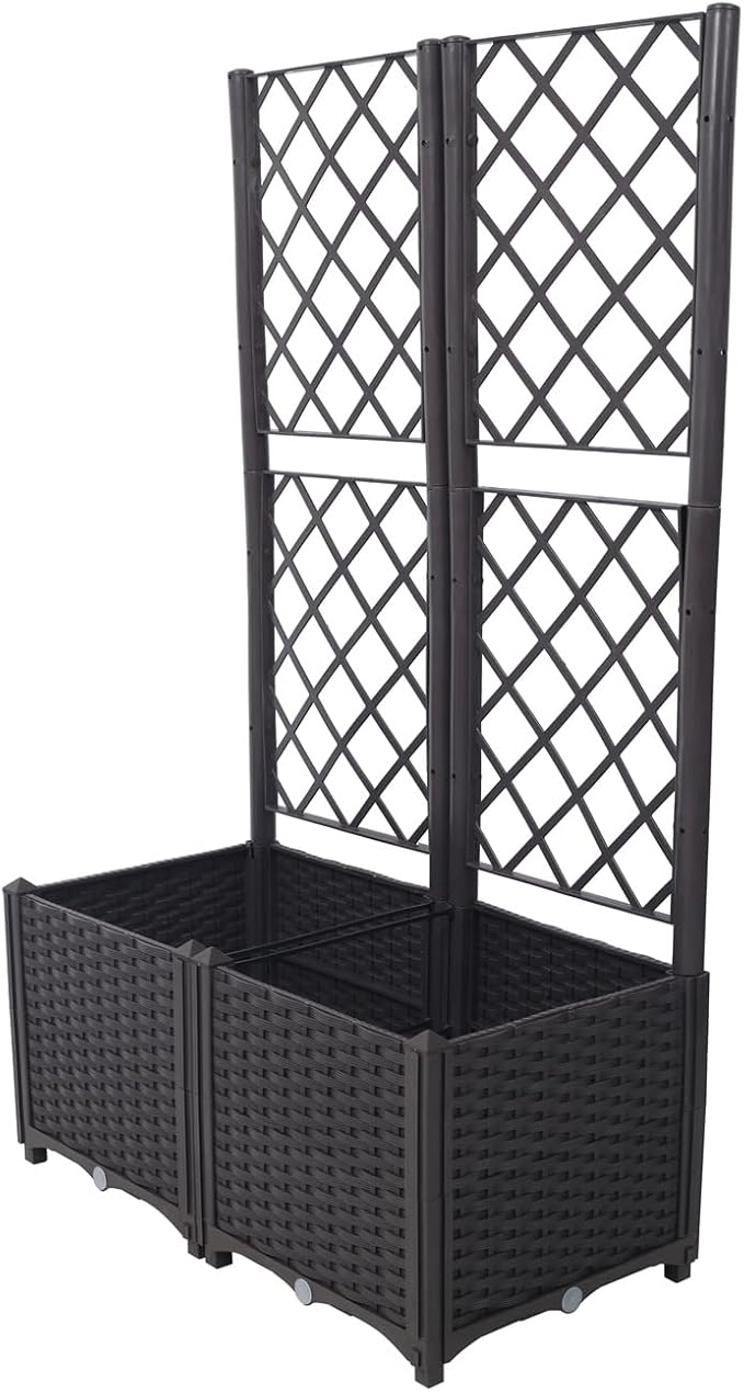 ZeHuoGe Poly Rattan Trellis Raised Bed with Drainage Plug 2 Removable Pots with Large Flower Boxes Built-in Support for Climbing Plants - Outdoor Patio Garden Decoration