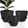 Self-Watering Plant Pots with Water Level Indicator Drainage Holes &amp Saucers – 12/10/9 Inch Large Plastic Planter Set for Indoor &amp Outdoor Plants (Pure Black)