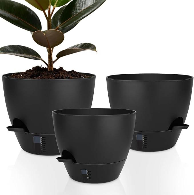 Self-Watering Plant Pots with Water Level Indicator Drainage Holes &amp Saucers – 12/10/9 Inch Large Plastic Planter Set for Indoor &amp Outdoor Plants (Pure Black)