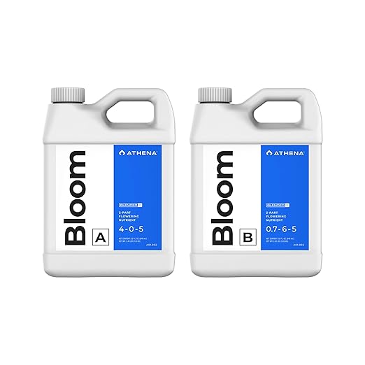 Athena Blended Bloom A&ampB | 2-Part Flowering Liquid Fertilizer for Hydroponics &amp Soil | Bloom Booster Plant Food | NPK A 4-0-5 | B 0.7-6-5 | 32 Ounce
