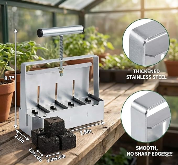 Soil Blocker 4 Cell 2 Inch – Heavy Duty Stainless Steel Soil Block Maker with Ergonomic Handle &amp 3 Size Seed Pins – Handheld Soil Blocker for Seed Starting Greenhouse Garden Tools