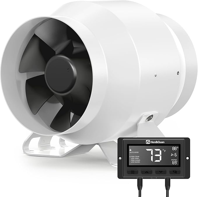 Hon&ampGuan PRO 4 Inch Inline Duct Fan - 212 CFM with Quiet EC Motor &amp Temperature Humidity Smart Controller Ventilation Exhaust Fan for Heating Cooling Grow Tents Hydroponics (White&ampBlack