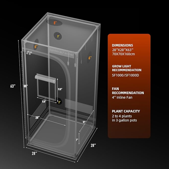 Spider Farmer 2.3x2.3 Grow Tent 2025 New 28x28x63 with Hook for Controller and Power Strip View Window 1680D Thicken Mylar Canvas for Indoor Hydroponic Growing for SF1000 SE1500 G1500