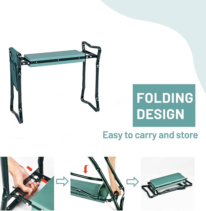 2-in-1 Garden Kneeler &amp Seat Folding Seat w/EVA Foam Kneeling Pad &amp Removable Tools Pouch Sturdy Steel Frame No Assembly Portable Heavy Duty Garden Stool for Women &amp Men