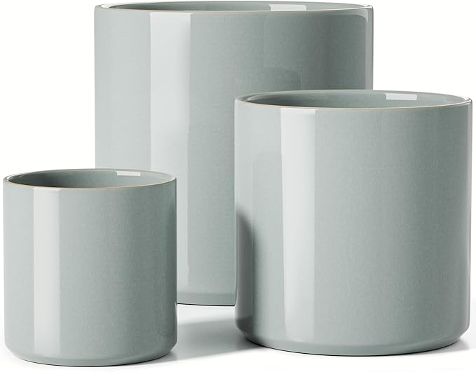 LE TAUCI Ceramic Pots for Plants 10/8/6 Inch Indoor Planters with Draiange Hole Silicone Plug &amp Mesh Pad Modern Minimalist Pots for Home Office Set of 3 Glossy Mist Gray