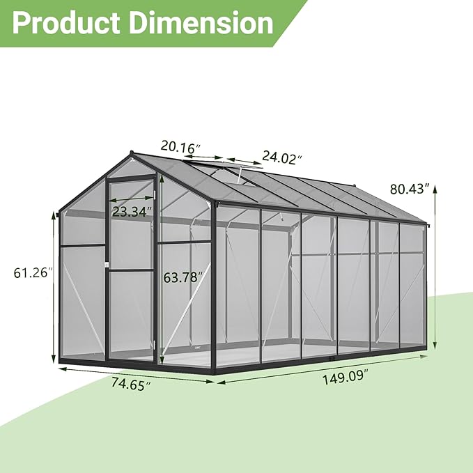 6x12 FT Walk-in Greenhouse Kit with Polycarbonate Panels &amp Aluminum Frame Green Houses for Outside with 2 Vents Greenhouses for Outdoors with Lockable Door Backyard Discovery Greenhouse (Black)