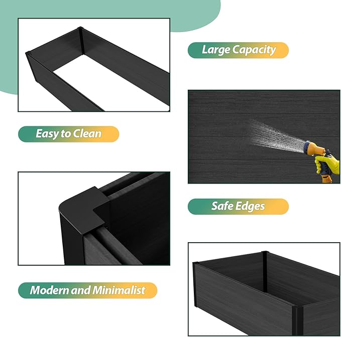 mondaria Raised Garden Bed 4x2x1Ft Outdoor Rot-Resistant Planter Box Wood Plastic Composite Flower Bed Kit for Vegetables Herb Black