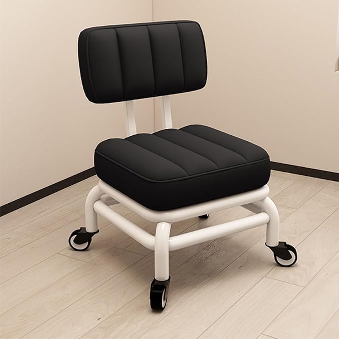 Ergonomic Low Rolling Stool With Back Support Soft Pu Leather Seat Metal Frame 360° Swivel Short Stool For Home Garden Office Garage Shop Comfortable And Durable Roller Chair With Black One Size