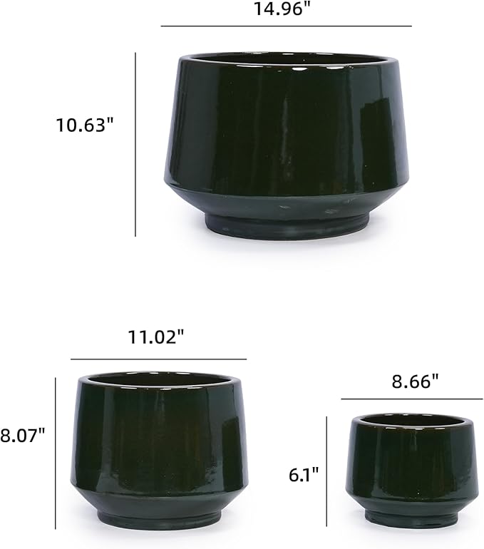 Handmade Solid Glaze Ceramic Planter Set of 3 15119 Inch Diameter No Pattern for Monstera and Fiddle Leaf Fig Outdoor G Indoor Staircase Use Breathable Clay Dark Green