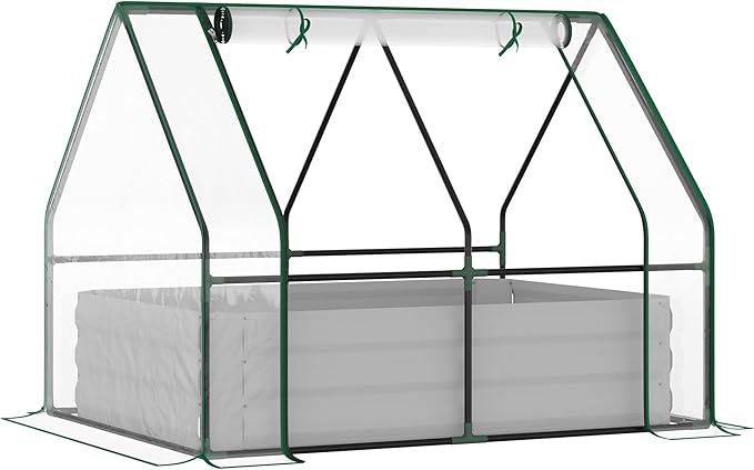 Elevated Metal Garden Bed with Greenhouse Top 48”x36” Outdoor Planter with 2 Adjustable Windows to Optimize Growing for Fruits and Flowers Clear Cover Included