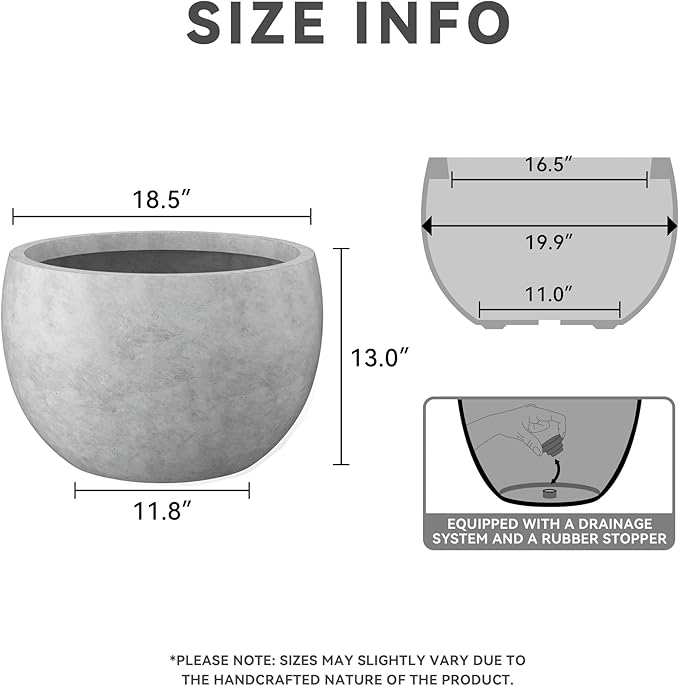 Kante 19.9 Dia Round Concrete Planter Outdoor/Indoor Large Bowl Plant Pots with Drainage Hole and Rubber Plug for Garden Patio Balcony Home Natural Concrete