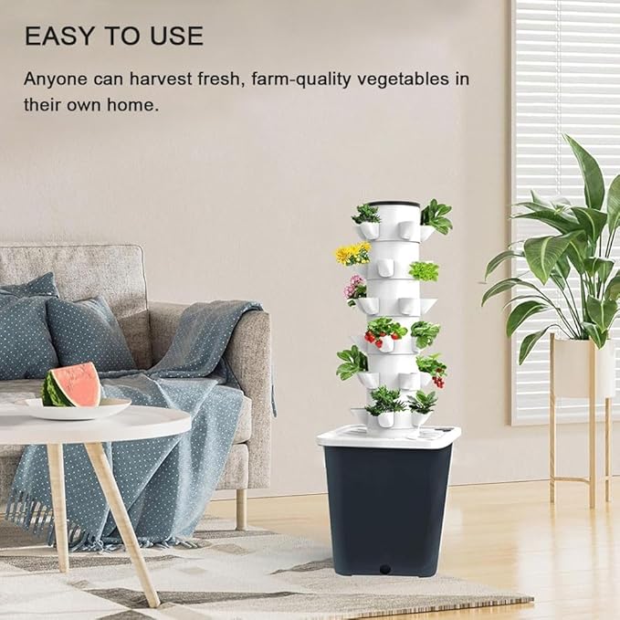 Tower Garden Hydroponics Growing System 10-30-Plant Sites Vertical Garden Planter Indoor Smart Garden Kit with Pump and Movable Water Tank (No Seedlings Included) (Color : Gris Size : 20 Holes)