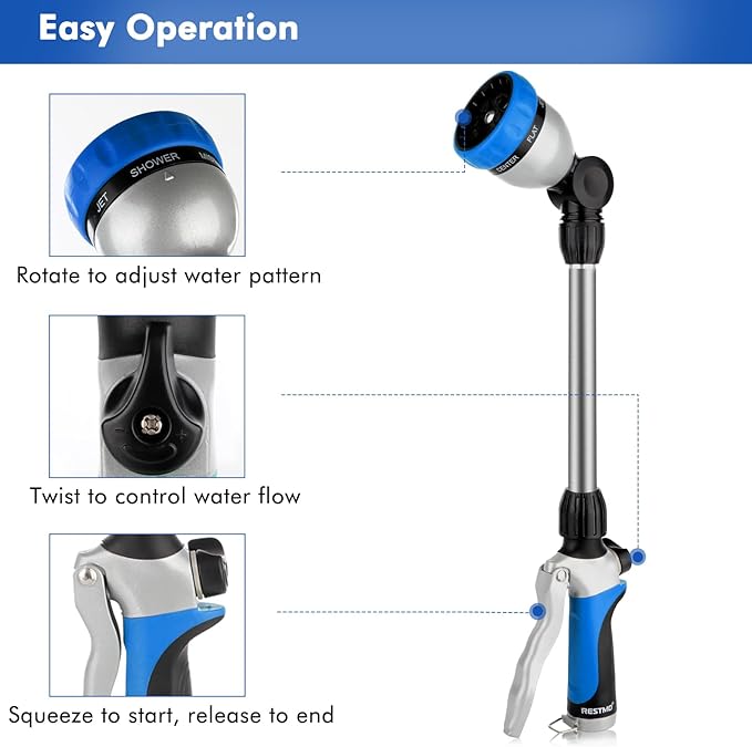RESTMO Metal Watering Wand Heavy Duty Garden Hose Wand with 180° Swivel Ratcheting Head 16'' Hose Nozzle Sprayer with 7 Spray Patterns and Flow Control for Water Hanging Baskets and Shrubs Blue