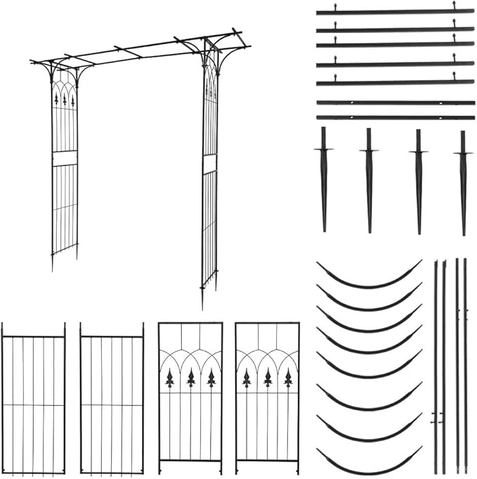 Metal Garden Arch Ornamental Outdoor Garden Plant Trellis Wedding Party Bridal Party Decoration (Black Flat Roof)