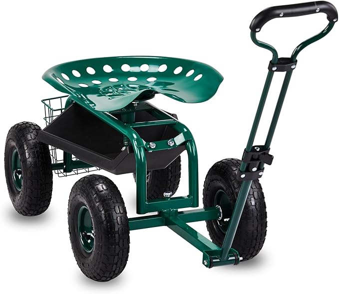 4-Wheel Rolling Garden Cart Work Seat with Tool Tray Heavy Duty Planting Cart Tools on Wheels Adjustable Steering Handle &amp Utility Tool TrayGardening Work-Seatfor Patio Yard and Outdoors Gr