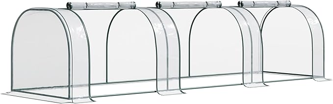 Outsunny 11' x 3' x 2.5' Mini Greenhouse Portable Tunnel Green House with Roll-Up Zippered Doors UV Waterproof Cover Steel Frame Clear