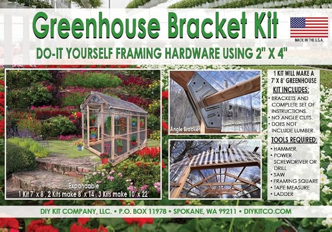 Greenhouse. Build Your Own DIY Greenhouse Bracket Kit. Includes Brackets and Complete Set of Plans. Expandable. Made in The USA. No Angled Cuts
