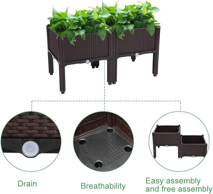 Raised Garden Bed with Legs Outdoor Plastic Elevated Planter Box Free Splicing Growing Bed with Rattan Pattern &amp Drainage Holes for Vegetables Herbs and Flowers Brown 2 Sets