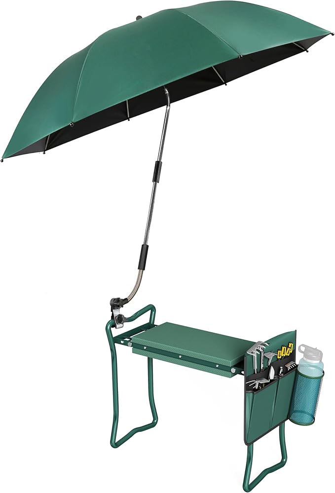 2-in-1 Garden Kneeler with Umbrella Garden Kneeling Bench &amp Green Umbrella Portable Garden Stool Loads Capacity 330lb and Garden Tools Bag with bottle holder Gardening Gifts for WomenMenSenio