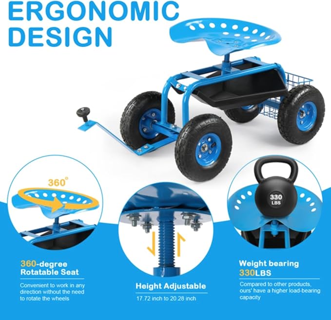 Rolling Garden Cart with Resting Seat Outdoor Patio Gardening Stool for Planting Garden Scooter with 360 Degree Swivel Seat &amp Tool Tray for Longer Hours of Horticulture (Blue Seat)