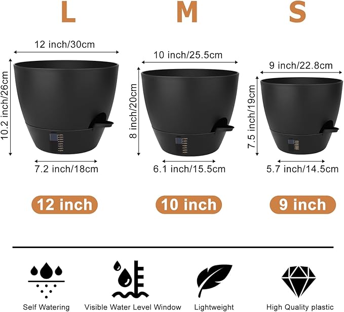 Self-Watering Plant Pots with Water Level Indicator Drainage Holes &amp Saucers – 12/10/9 Inch Large Plastic Planter Set for Indoor &amp Outdoor Plants (Pure Black)