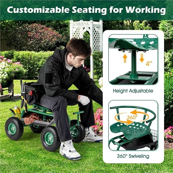 ERGOMASTER Garden Cart Rolling Workseat with Wheels2 Steering Handles360 Degree Swivel Seat &amp Tool Storage Use for Patio Yard and Outdoors Workseat Green