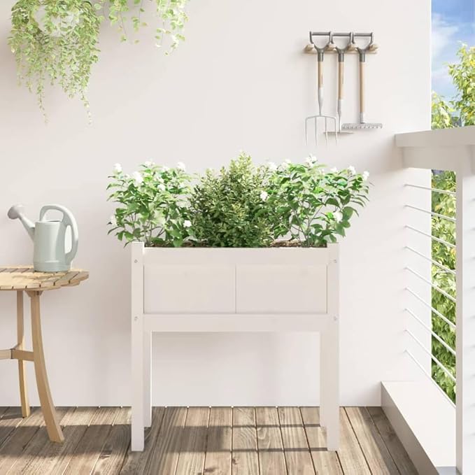 White Solid Pine Wood Garden Planter Rectangular Decorative Inlays 27.6 x 12.2 x 9.6 Inch Capacity Outdoor Raised Garden Bed for Patio Balcony Gardening