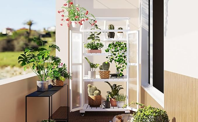 Mini 4-Tier Greenhouse with Locking Wheels 62 Inch Height Portable Wooden Green House Cold Frame with Adjustable Shelves and Vent Small Garden House for Outdoor Indoor White