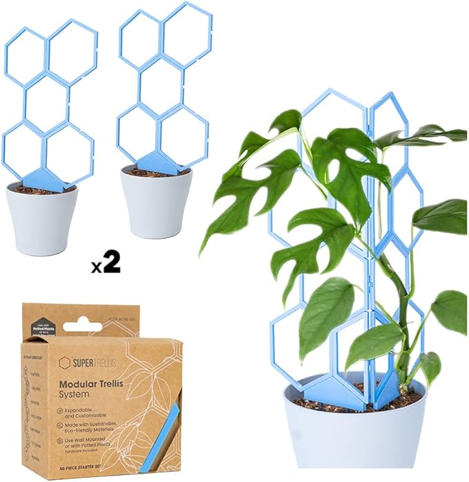 Hexagon Trellis for Climbing Plants Outdoor - Stackable 14 Tall Trellis for Indoor Potted Plants - Starter Pack 2.0 Modular System Houseplant Trellis - 50pcs Starter Set (Green Tea)