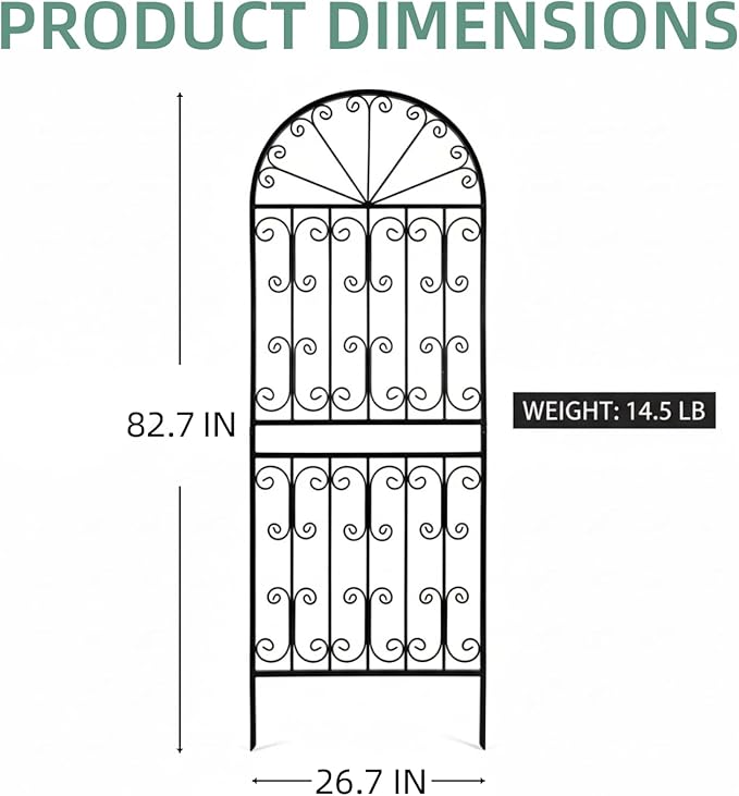 SCENDOR 1 Pack 82.7 H x 26.7 W Extra Tall Arched Metal Garden Trellis - Heavy-Duty Black Iron Scrollwork Fence for Climbing Vines Roses and Ivy - Decorative Privacy Screen for Patio and Backyard