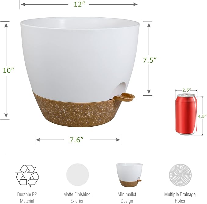 12 inch Large Self Watering Pots Plastic Planters with 60oZ Removable Deep Reservoir and Multi Mesh Drainage Holes for Indoor Outdoor Garden Plants and Flowers White with Brown