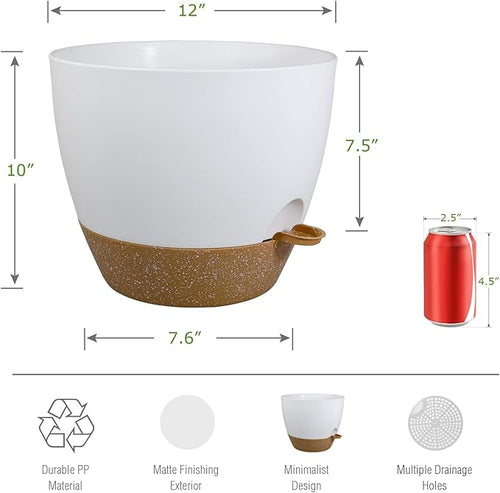 12 inch Large Self Watering Pots Plastic Planters with 60oZ Removable Deep Reservoir and Multi Mesh Drainage Holes for Indoor Outdoor Garden Plants and Flowers White with Brown
