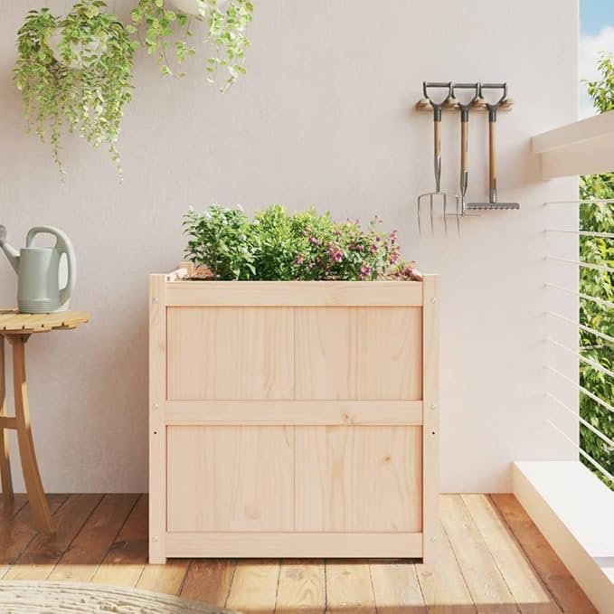 Large Rustic Square Outdoor Garden Planter Solid Pine Wood 27.6 Inch Raised Garden Bed for Outdoor Plants Balcony Patio